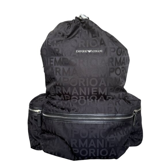 New Emporio Armani Black Nylon oversized Drawstring Logo Backpack